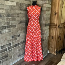 70s VTG Kay Windsor Red Geometric Maxi Dress Sleeveless Mock Neck Size XS/S #9E8