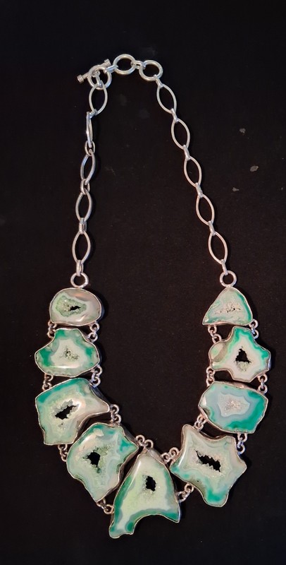 Turquoise Agate Geode Polished Slice Sterling Silver Pendant Necklace (108.70 G)