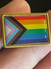 VTG NEW LGBTQ Progress Pride Flag Gay Pride Badge Pin Epoxy Gold Tone Metal