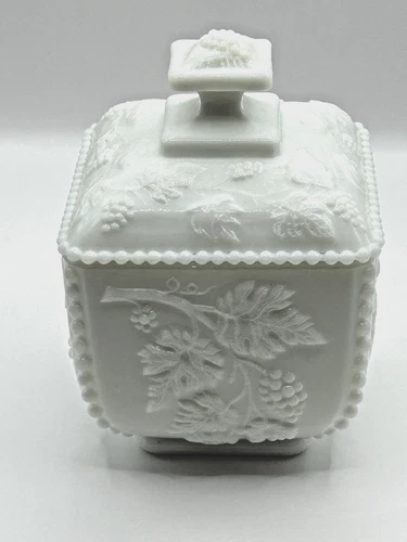 Vintage Westmoreland milk glass candy dish with lid 5.5” tall, beaded trim