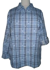 COLLECTIONS ETC Womens XXL Snowman Christmas Holiday Plaid Button Lurex Top Blue
