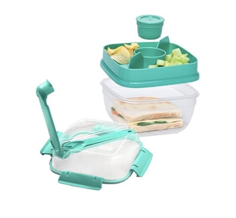 Tasty Stackable Bento Box 37 oz Base Removable Toppings Tray & Sauce - Aqua