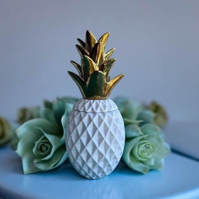 Pineapple Canister White & Gold Ceramic 13.5'' Storage Container Elegant Tropical