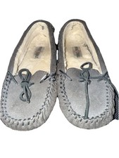 Minnetonka Cally Slipper Women's 6 Grey Suede Moccasins Faux Fur Lined 4050
