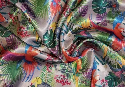 HAB&FAB Parrots Satin Fabric Luxury Silky Dressmaking Satin Fabric Dress Top Material