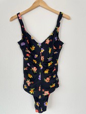Vintage 70s Black Floral RUCHED SIDES Swimsuit Maxine of Hollywood Sz 14