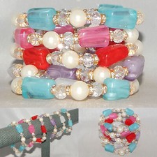 WHOLESALE LOT OF 6 BEADS CRYSTALS SPARKLE GOLDTONE SPACERS STRETCH BRACELETS