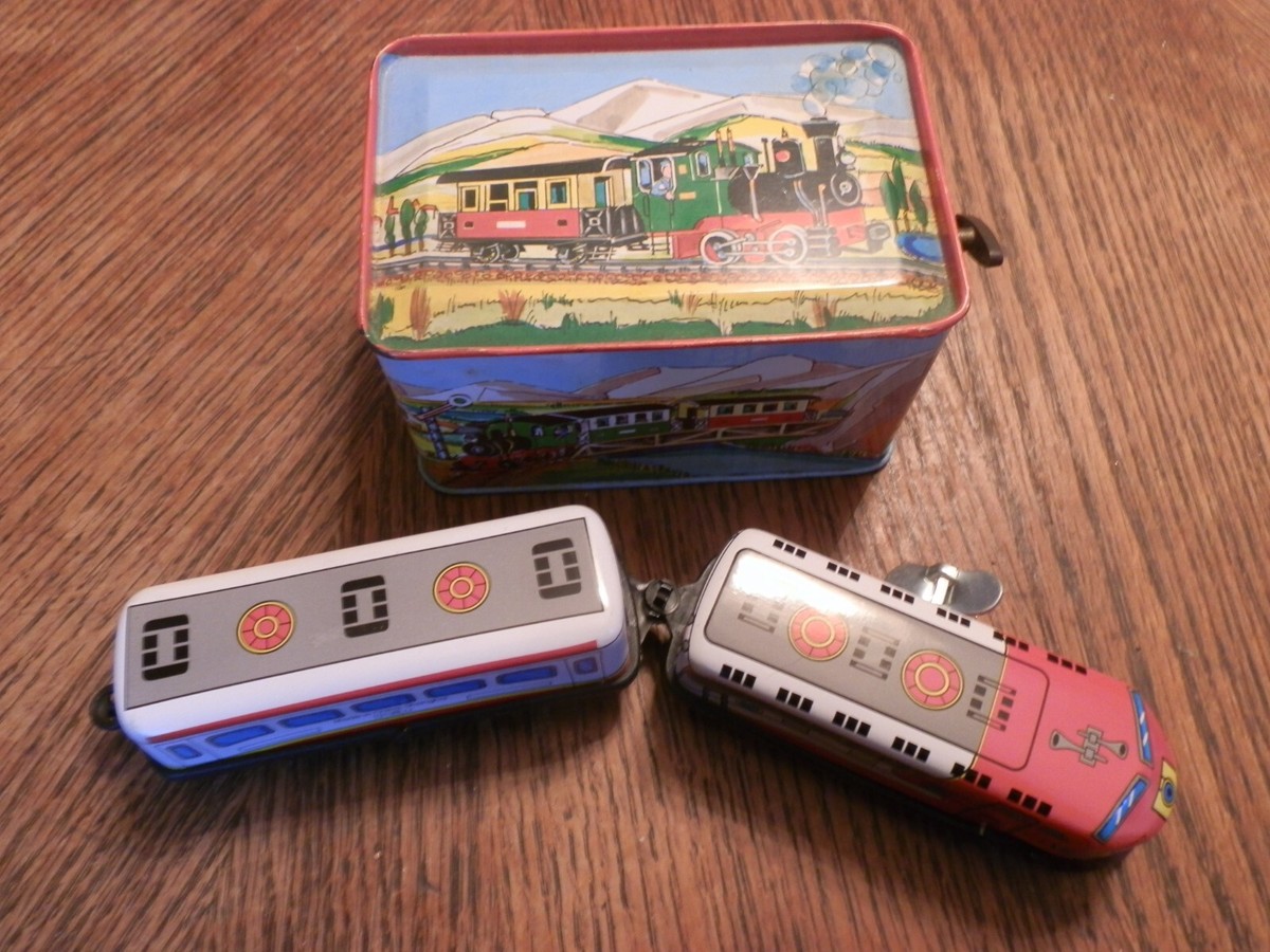 Vintage Western Germany Litho Tin Toy Hand Crank Music Box Train