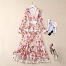 2025 Spring Summer V-neck Long Sleeve Retro Printed Jacquard Buckle Long Dresses
