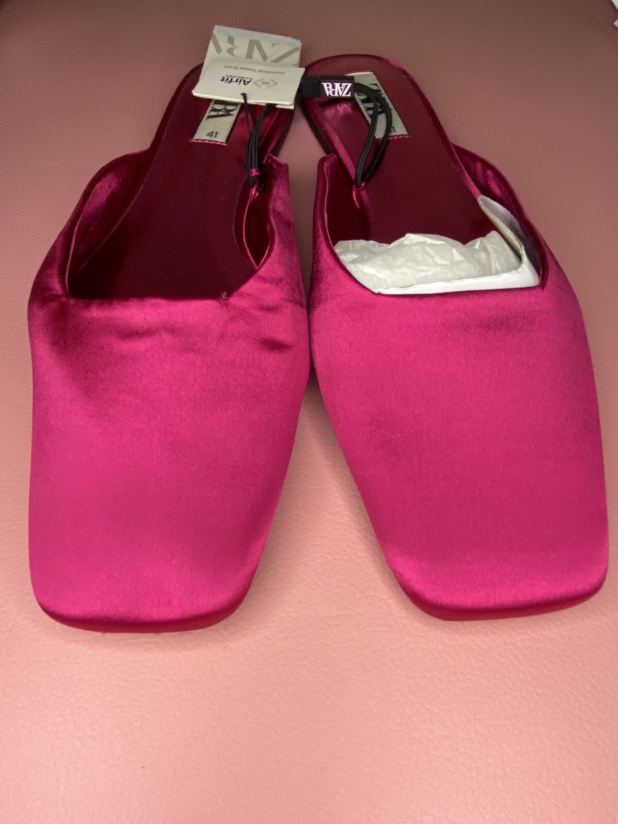 Zara Fuschia Pink Satin Square Toe Flat Mules Sandals EU41 Zara Fuschia Pink Satin Square Toe Flat Mules Sandals EU41