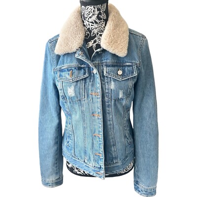 UGG Denim Jean Jacket Small Sherpa Lambswool Collar Removable Distressed Preppy