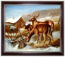 Ölbild Hirsch, Rehe im Schnee handgemaltes Ölgemälde, Jagdgemälde F: 50x60cm