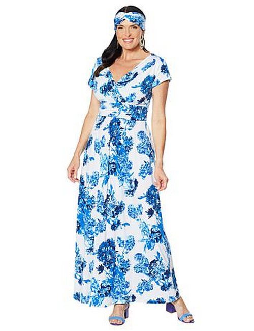 Iman Boho Chic Blue Floral V-Neck Flowy Maxi Dress XL Petite New Sale | eBay