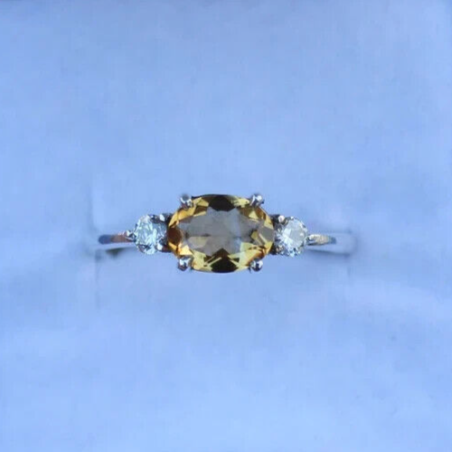 6ct Oval Simulated Yellow Citrine/CZ Engagement Band Ring 14k White Gold Plated