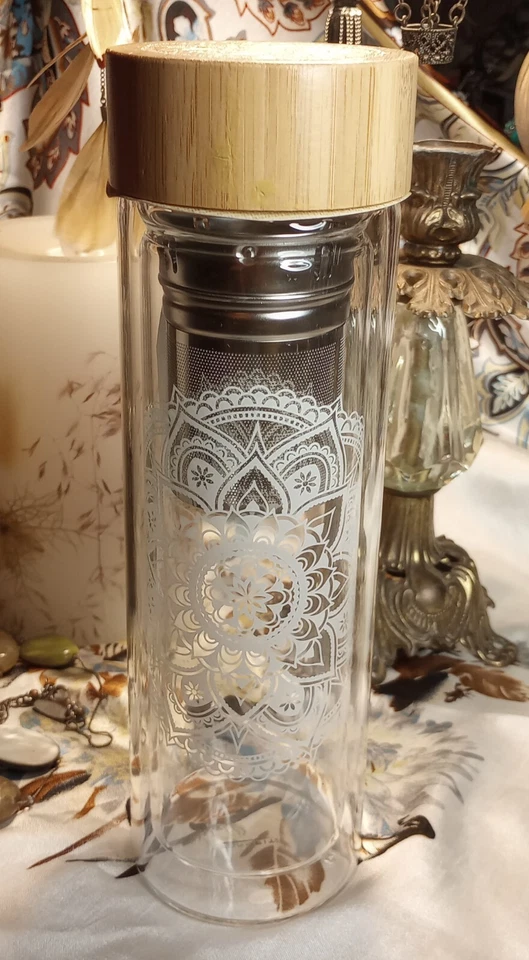 Boho Mandala Doble Pared Vidrio Café Té Fruta Infusor Nuevo con Etiquetas. ¡¡ÚLTIMO!! HW02 Foto 4 de 4