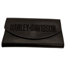 Harley Davidson Leather Checkbook Wallet Black Snap Bifold Rider Embroidered