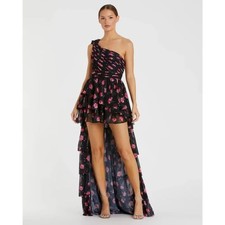 NWT Mac Duggal One Shoulder Ruffled Rose Print Layered High-Low Dress - size 10