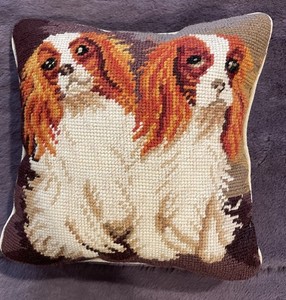 Cavalier King Charles Spaniel Needlepoint Pillow 9X9 Two Classic Blenheim Pups,