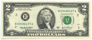 2 DOLLARS FEDERAL RESERVE NEW YORK U.S. JEFFERSON GREEN SEAL USA 2003 qFDS