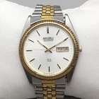 Vintage Seiko SQ Mens Watch 35mm Two Tone Day Date 5H23-8020 New Battery 7.25"