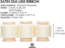 Silk Satin Ribbon 1 Inch x 15 Yard Wooden Spool Cream White Handmade Frayed I...