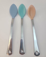 Vintage Set Of 3 Munchkin Soft Tip Metal Baby Spoons Pink Blue Teal