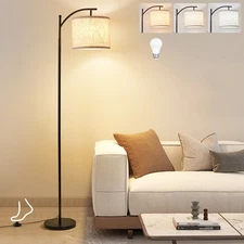 Modern Black Arc Floor Lamp with Fabric Shade & 3-Color LED Bulb Included