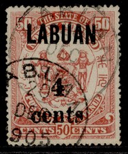 NORTH BORNEO - Labuan EDVII SG136, 4c on 50c maroon, FINE USED. Cat &pound;42. CDS