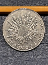 1882 Mexico 8 Reales Silver Coin Zs. FREE SHIPPING.
