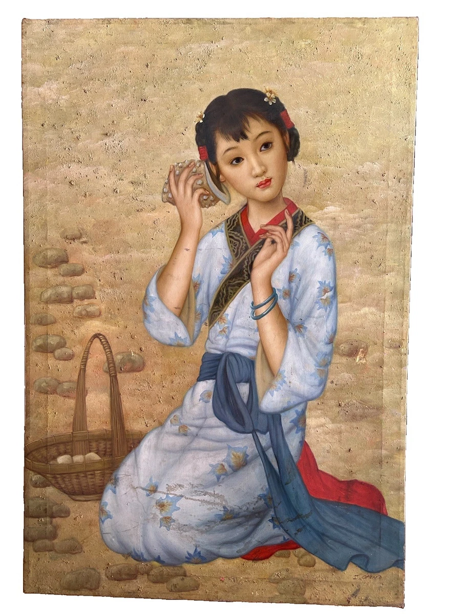 純手描き 水彩油画 人物画 冷军 作品図 中国絵画 約70×100cm 未表装 純