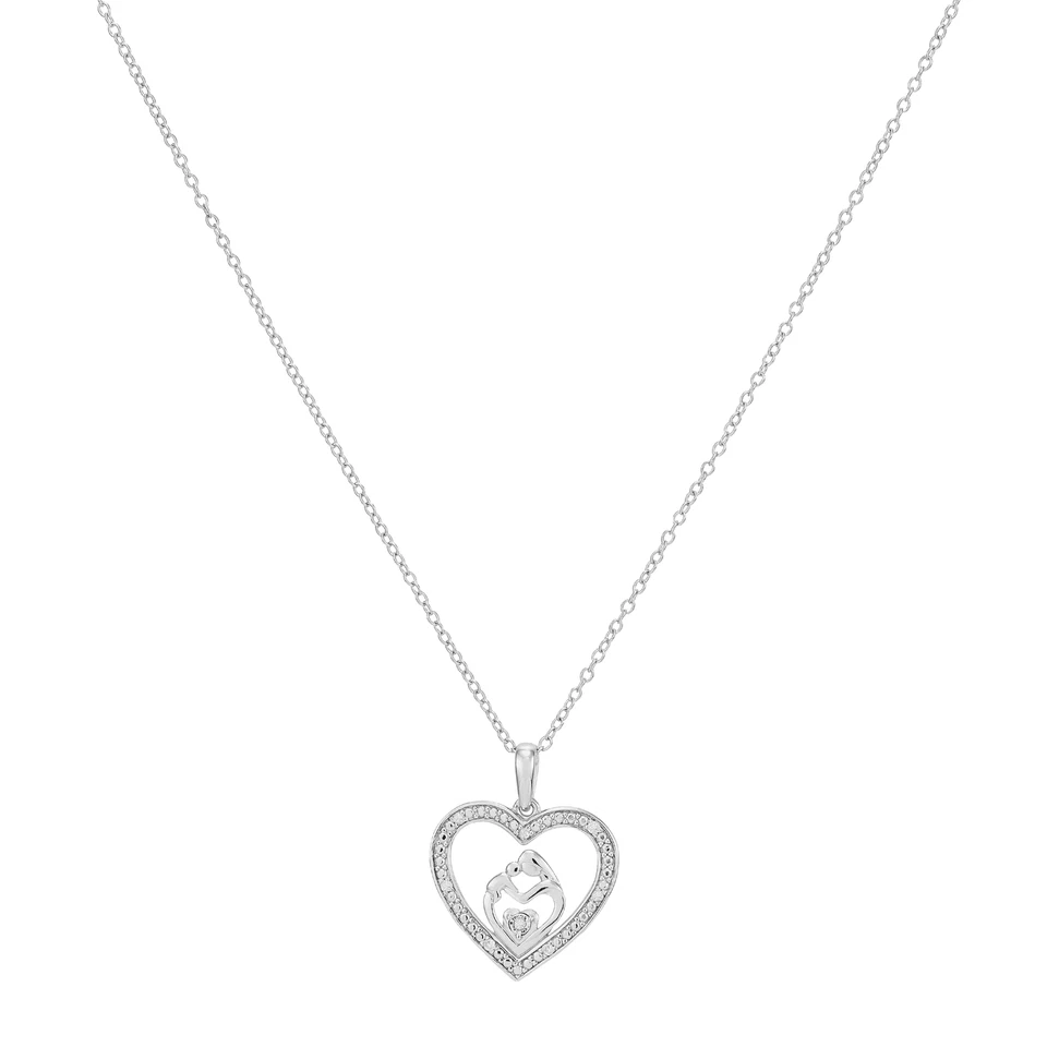 Colar Finecraft coração aberto mãe e filho com diamantes em prata, 18"