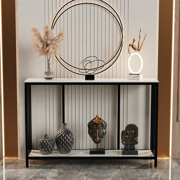 Modern Marmor Konsolentisch Beistelltisch Luxus Sofatisch Flurtisch Mit 2 Ablage-image