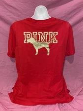 Victoria Secret PINK Oversized  NEW Campus Short Sleeve  Tee XL Bright Red Gold