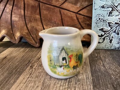 Vintage Hermitage Pottery Stoneware Creamer  Rooster Chicken Shabby French Farm