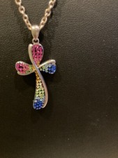 Signed Silver .925 MultiColor Rhinestone Modernist Cross Pendant Necklace