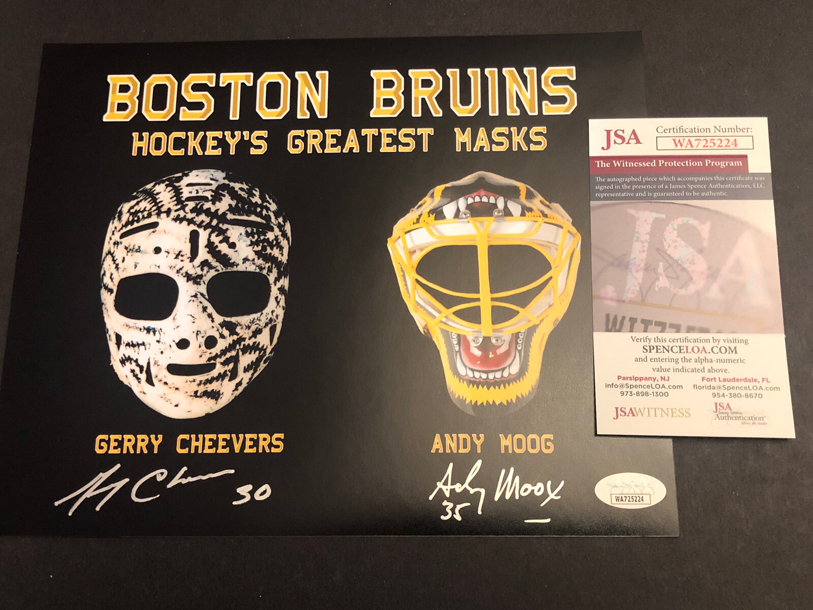 Gerry Cheevers Autographed Signed Boston Bruins JSA & ANDY MOOG 8x10 GREATEST MASKS PHOTO 224 