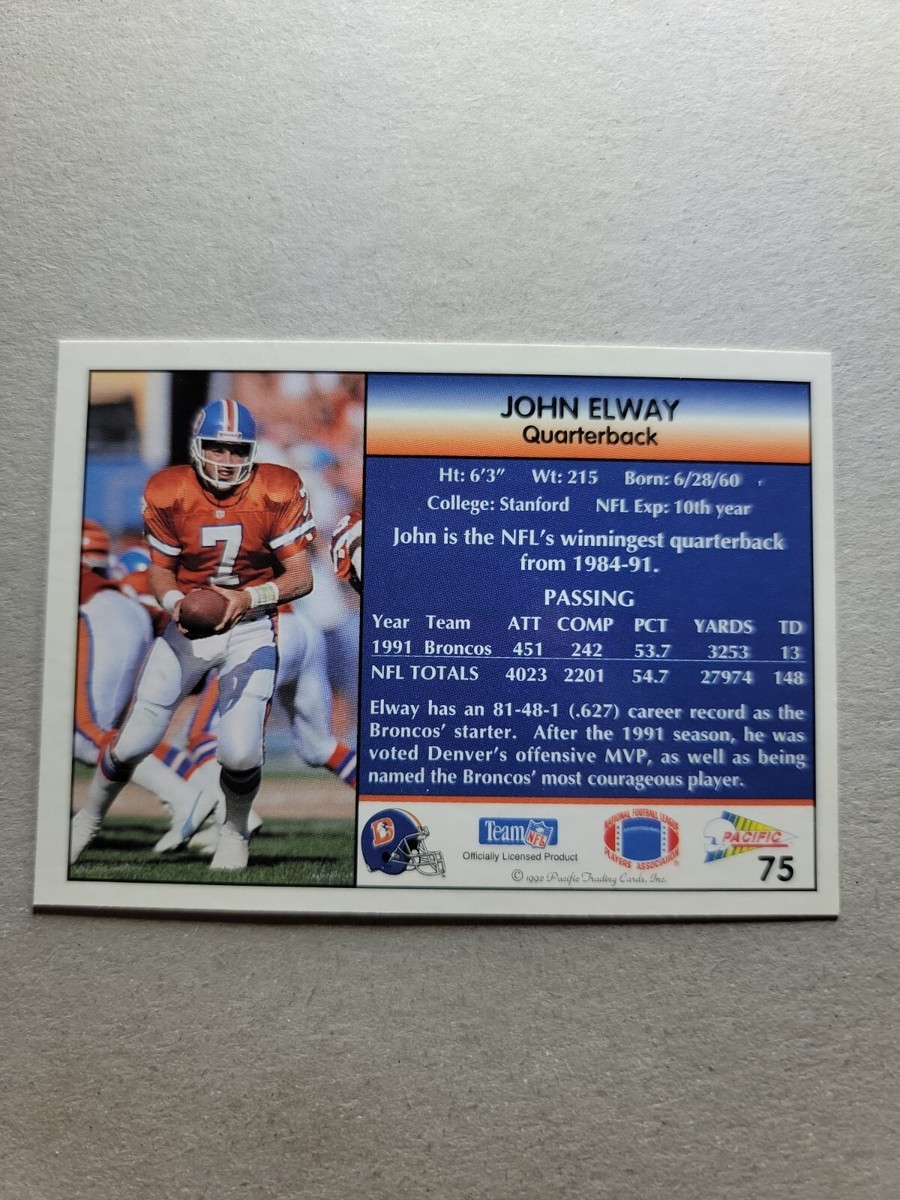 1992 Pacific Football Card - John Elway - #75 - Denver Broncos | eBay