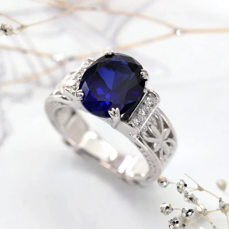 3/7ct Simulated Blue Sapphire & Moissanite Sterling Silver Wedding Band-image