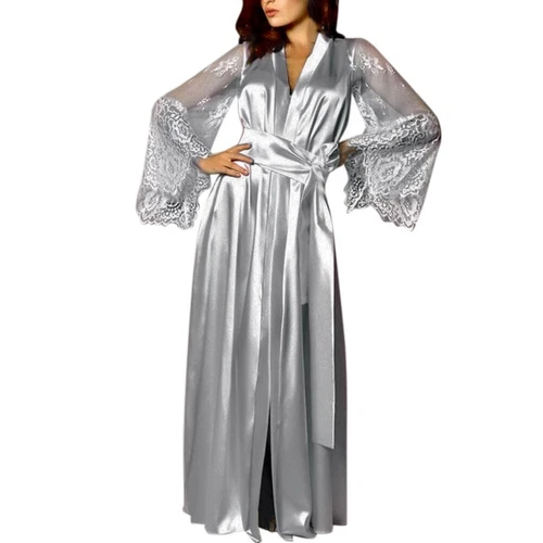 Damen Satin Lang Nachthemd Seide Spitze Dessous Nachthemd Nachtwäsche Sexy Morgenmantel - Bild 3 von 30