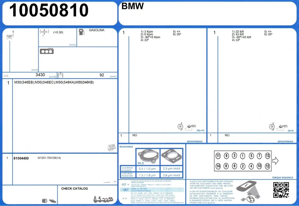 Juego de juntas culata BMW 735i KAT 3.4 211 M30 (346KB) (9/1986-) Foto 2 de 2