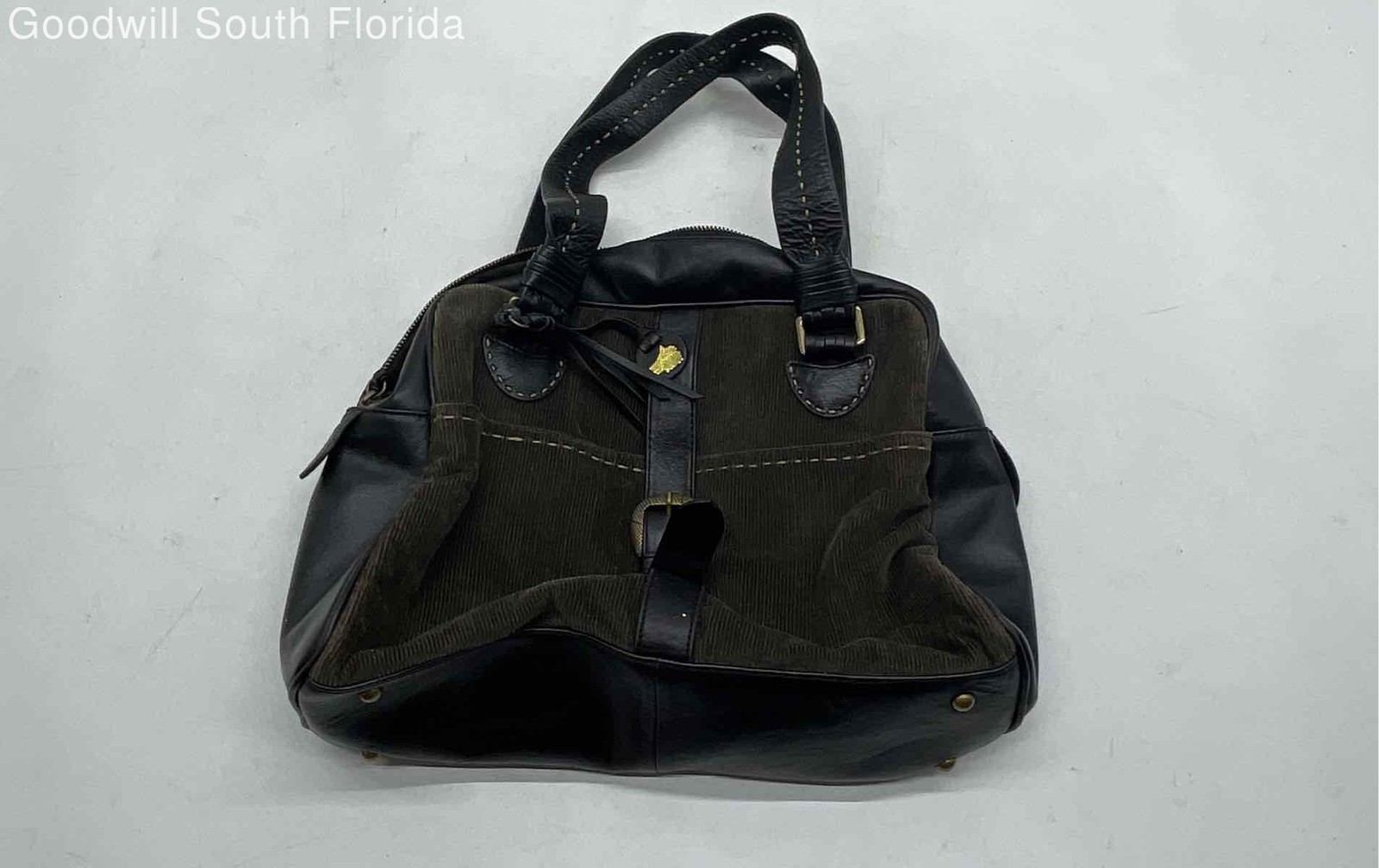 Loulou De La Falaise Womens Brown Black Corduroy Leather Trim Satchel Handbag