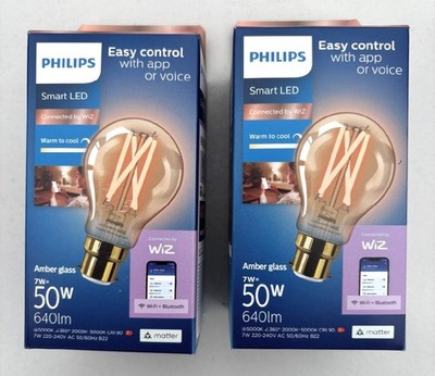 2 x PHILIPS SMART LED B22 BERNSTEIN GLAS 7W = 50W 640lm Classic
