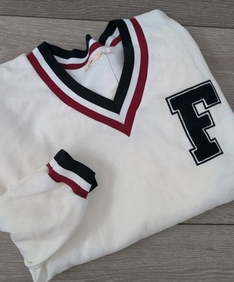 Francesca's Mi Ami Letterman Sweatshirt Sweater Size M Cream Blue Red NWT