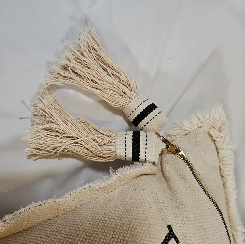 Mud Pie Farmhouse-Style 21x21  Pillow Cover Zippered "We do real .." Big Tassels - Image 2 of 4