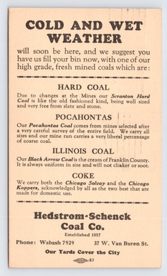 1928 Hedstrom-Schenck Coal Co. Postal Card Chicago IL Cold Weather Coal Types