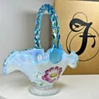 Fenton Aqua Crest Poppy on White Iridescent Basket from the Landmark Collection