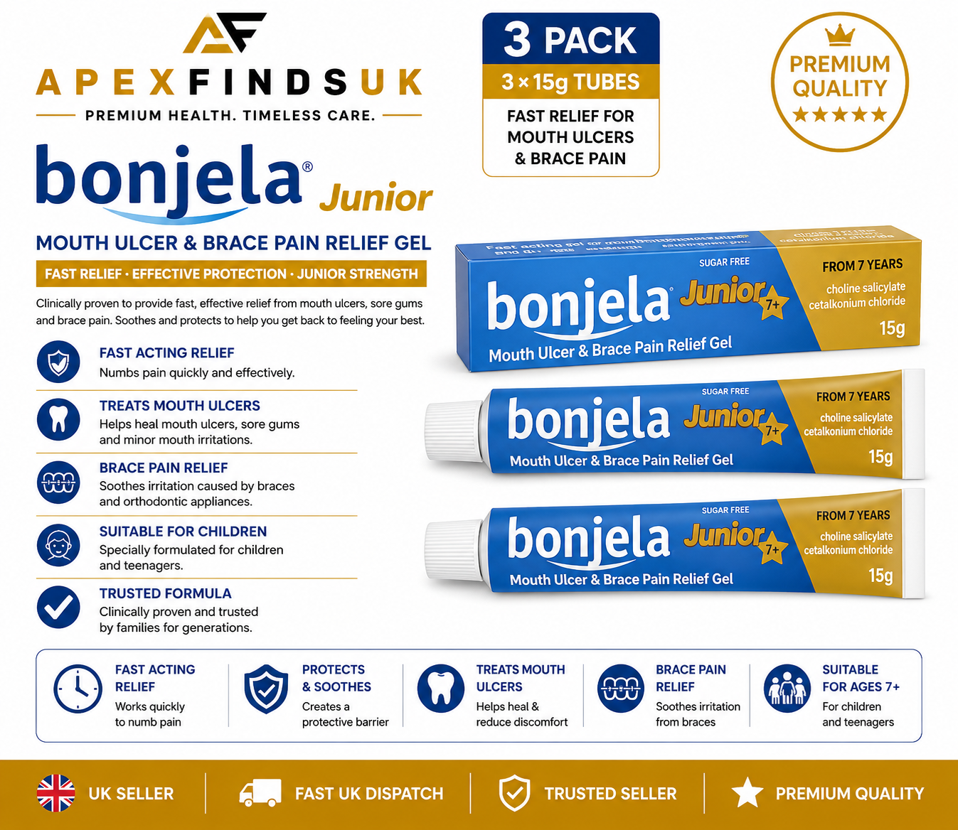 Bonjela Junior Gel 15g Packs of 3 – Fast Relief for Mouth Ulcers & Brace Pain