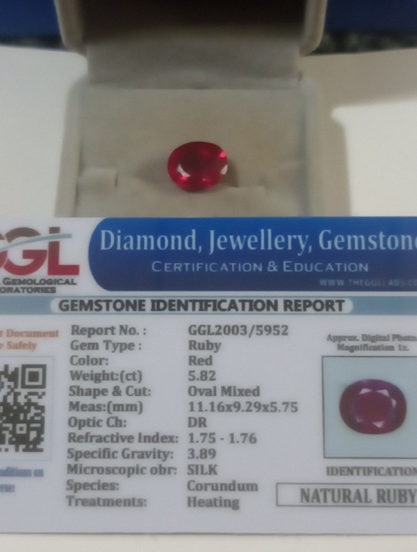 NATURAL EARTH MINED GGL CERTIFIED GEM TESTED HEATED OVAL RED RUBY 5.82 CTS.