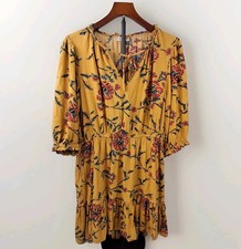 Knox Rose Mustard Floral Women's Mini Dress Boho Peasant Gypsy 3/4 Sleeve Sz L