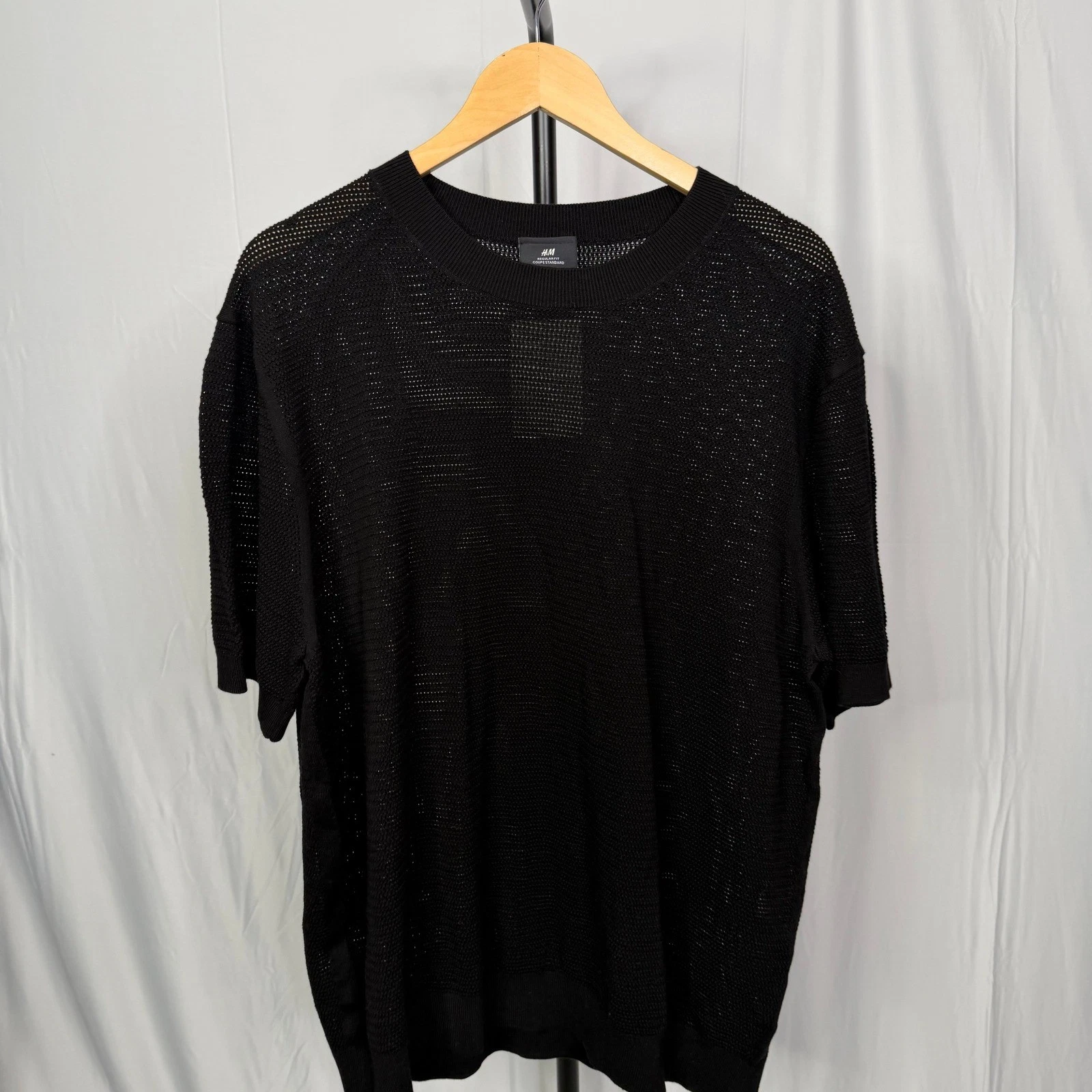 H&M Mens Regular Fit Mesh Knit Boxy T-Shirt Black Short Sleeve Crew Neck XL NWT image 7